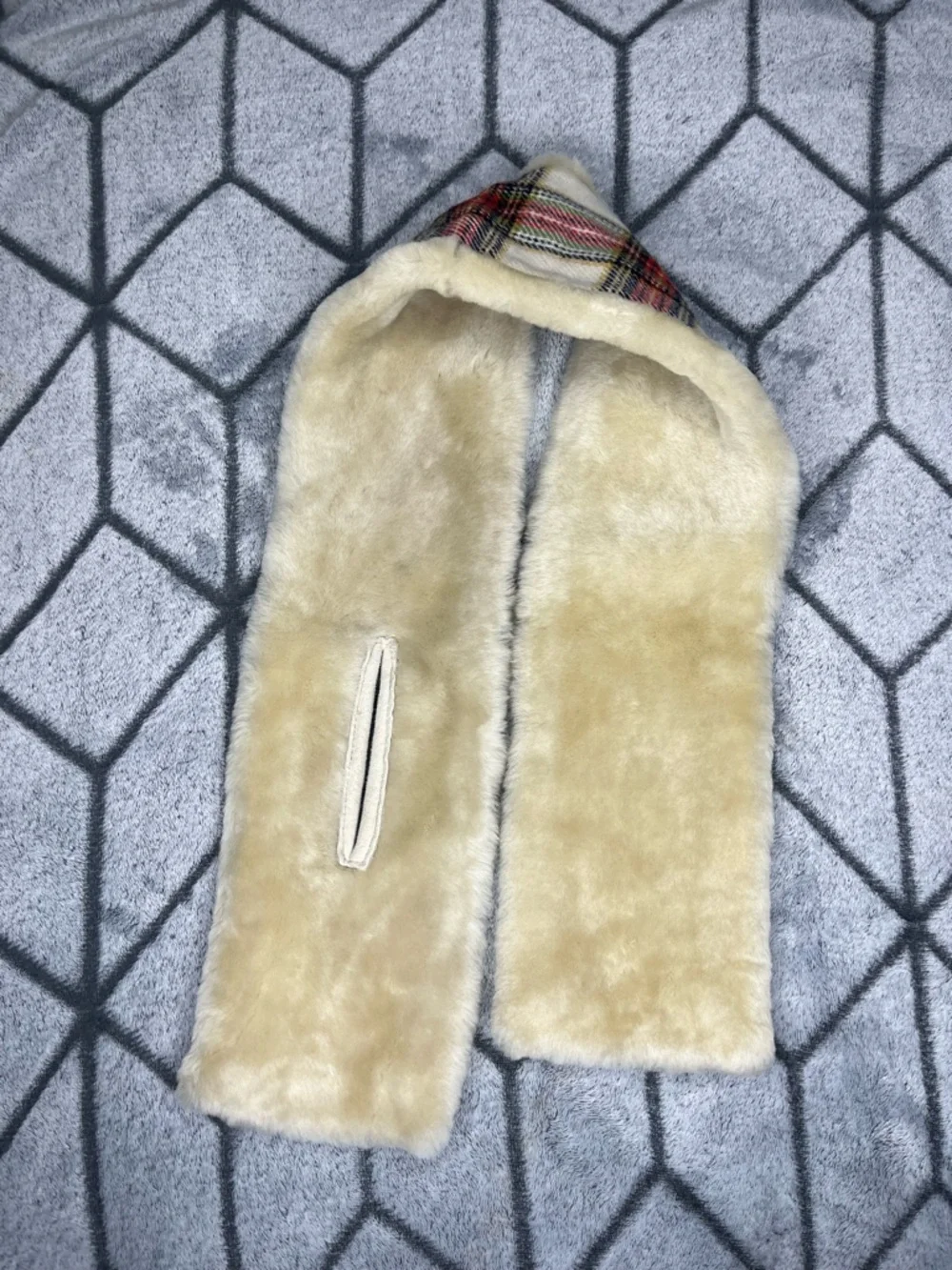 J Crew Cream Plaid Shearling Wool Fur Trim Scarf